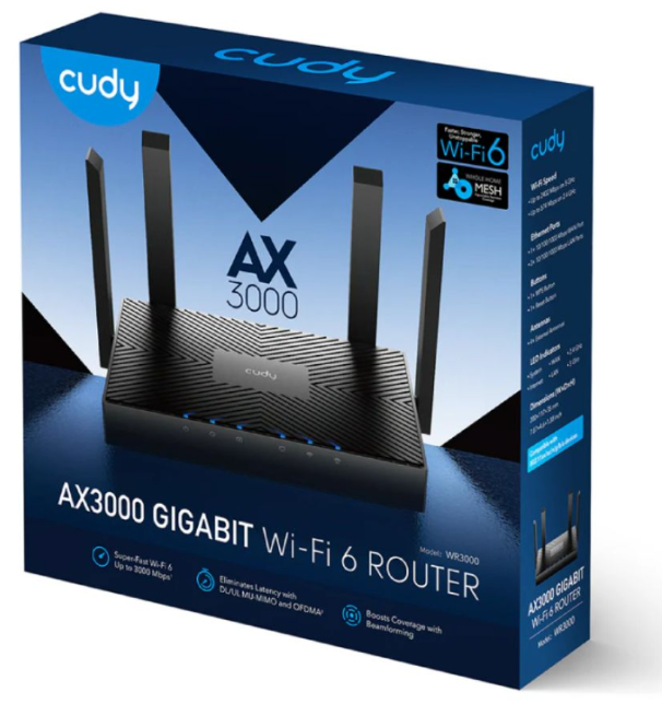 Bộ ph&aacute;t wifi 6 Cudy WR3000 (Chuẩn AX/ AX3000Mbps/ 4 Ăng-ten ngo&agrave;i/ Wifi Mesh/ 35 User) 