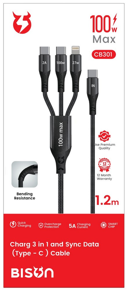 Cáp Bison 3 đầu ra Lightning Type-C 1.2m CB301 