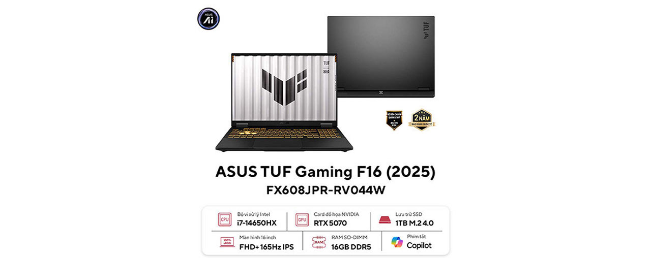 Laptop Asus TUF Gaming F16 FX608JPR-RV044W (i7 14650HX/ 16GB/ 1TB SSD/ RTX 5050 8GB/ 16 inch WUXGA/ 165Hz/ Win11/ Gray/ Vỏ nhôm) (ID: 59990)
