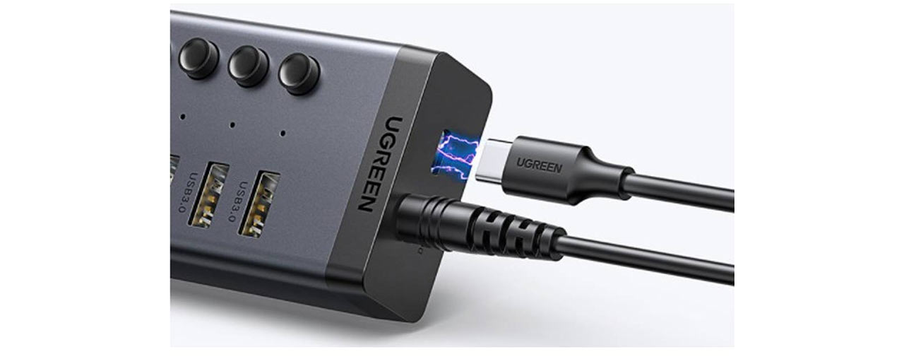 Bộ chia USB Ugreen 90307 1 ra 7 cổng USB 3.0 (công tắc, kèm nguồn 12V2A, chân tròn) (ID: 59988)