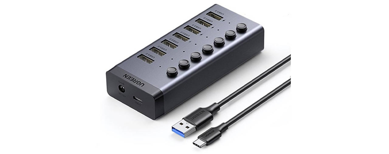 Bộ chia USB Ugreen 90307 1 ra 7 cổng USB 3.0 (công tắc, kèm nguồn 12V2A, chân tròn) (ID: 59988)