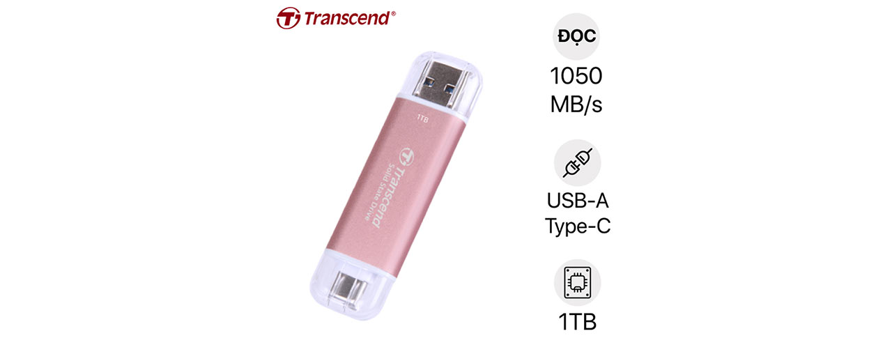 Ổ cứng di động SSD Transcend 1Tb TS1TESD310P (Type-C và USB3.2/ 1050Mb/s/ 950Mb/s/ Hồng) (ID: 60354)