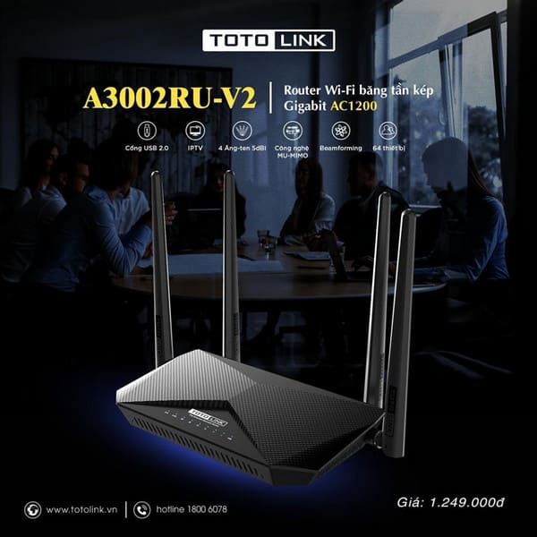 Bộ phát wifi Totolink A3002RU V2 MU-MIMO AC1200Mbps