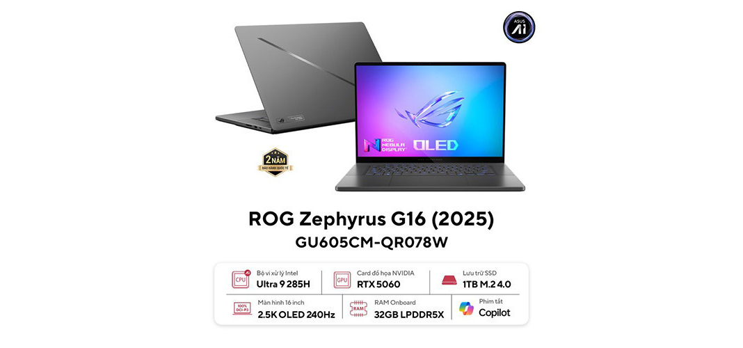 Laptop Asus Gaming ROG Zephyrus G16 GU605CM-QR078W (Ultra 9 285H/ 32GB/ 1TB SSD/ RTX 5060 8GB/ 16 inch 2.5K/ 240Hz/ Win11/ Grey/ Túi/ Sạc nhanh/ Vỏ nhôm) (ID: 59643)