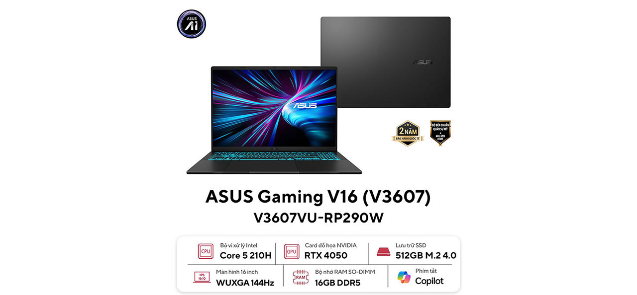 Laptop Asus Gaming Vivobook V3607VU-RP290W (Core 5 210H/ 16GB/ 512GB SSD/ RTX 4050 6GB/ 16 inch WUXGA/ 144Hz/ Win11/ Black) (ID: 59648)