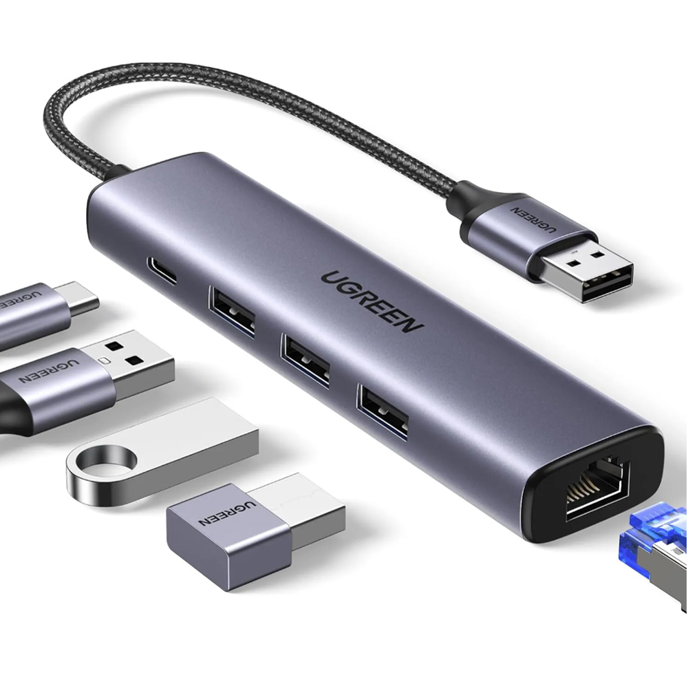 Bộ chia USB Ugreen 60554 1 ra 3 cổng USB 3.0 v&agrave; 1 Lan 100/1000 (hỗ trợ th&ecirc;m nguồn phụ 5V)