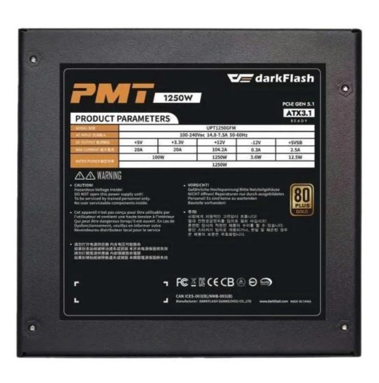 Nguồn máy tính DarkFlash PMT 1250-1250W GOLD ATX 3.1, PCIe 5.1 (80 Plus Gold/ Full-Modular)