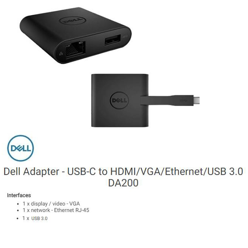 Bộ chuyển đổi Dell, USB Loại C sang HDMI / VGA / Ethernet / USB (470-ABQN)