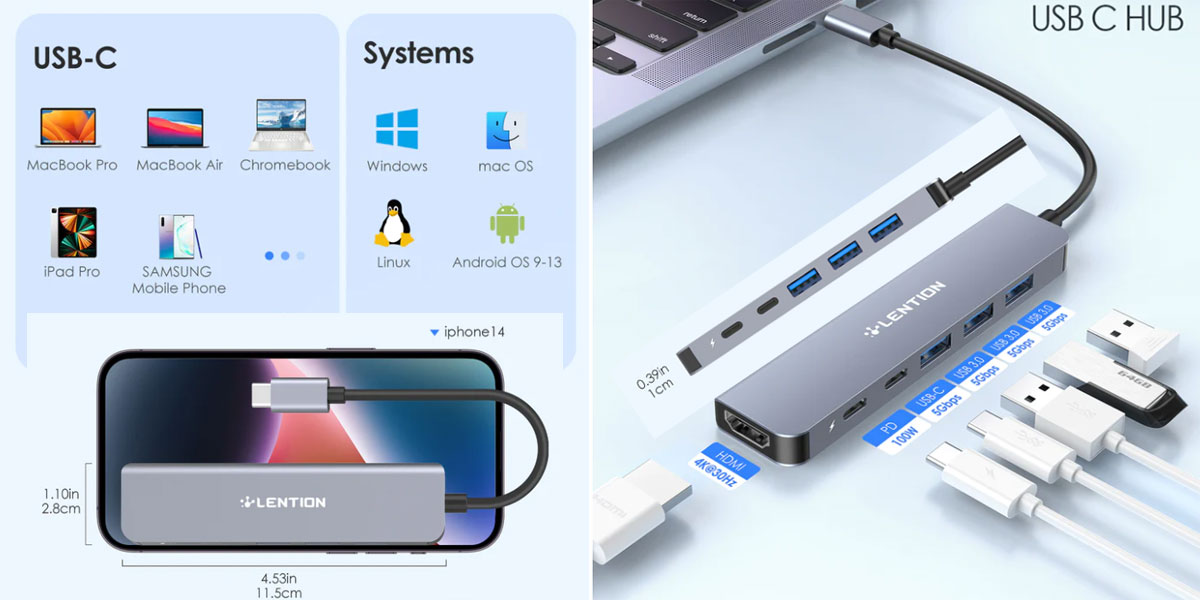 Bộ chuyển Lention CE35sH USB-C 6 trong 1 USB Type-C sang HDMI, USB-C, 3 USB 3.0, PD - Màu xám