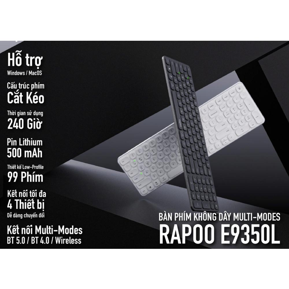 Bàn phím không dây Rapoo E9350L Màu trắng (Bluetooth/Wireless/ Pin sạc)