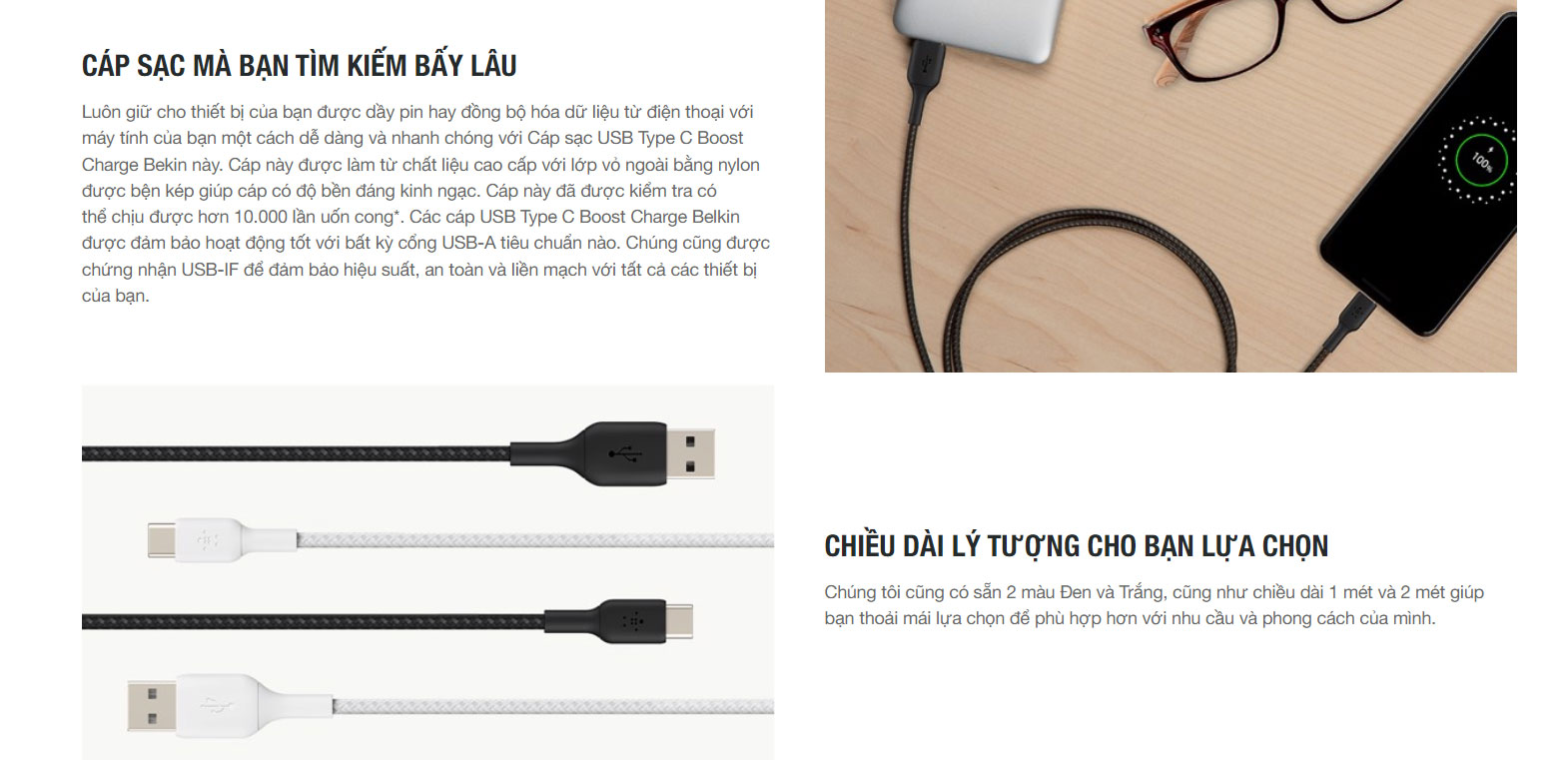 Cáp USB Type-C Belkin 12W vỏ dù 2M (Màu trắng)