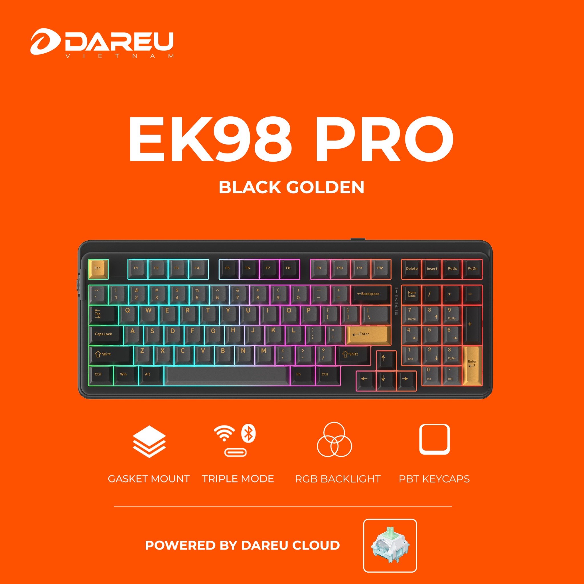 Bàn phím cơ không dây Dareu EK98 Pro Triple Mode Black Golden DareU Cloud switch