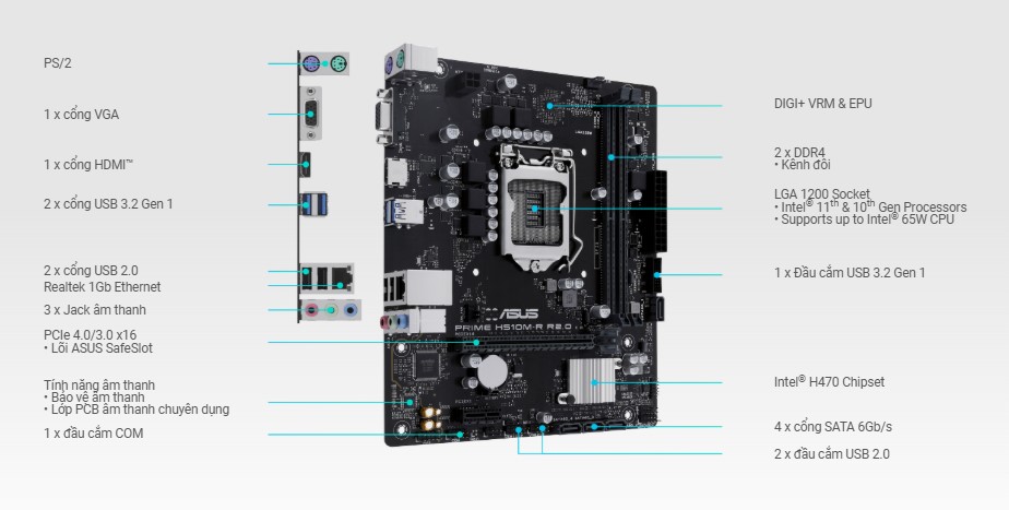 Mainboard Asus DA PRIME H510M-R Tray (Intel H470/ Intel LGA 1200/ M-ATX)