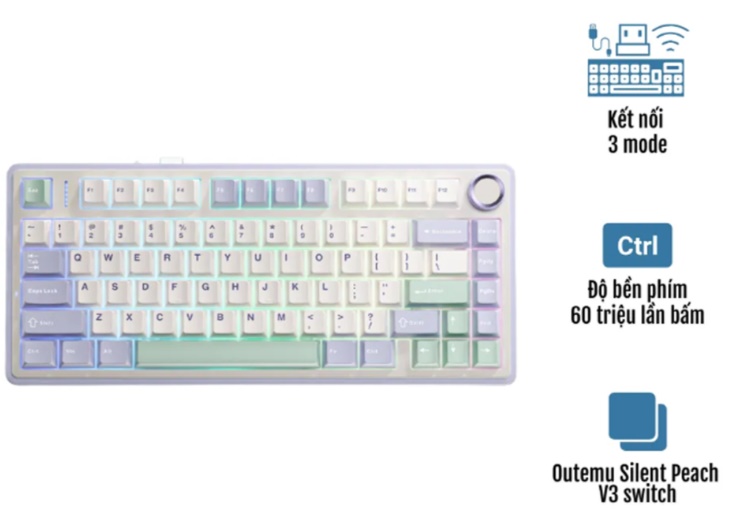 B&agrave;n ph&iacute;m cơ Aula F75 t&iacute;m nhạt + Be + Xanh l&aacute; Outemu Silent Peach V3 switch