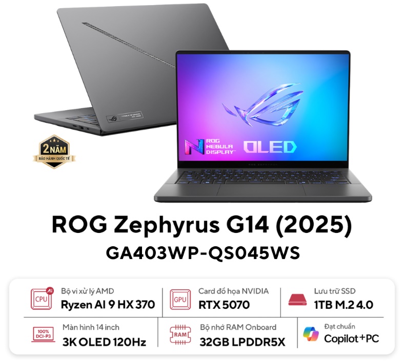 Laptop Asus Gaming ROG Zephyrus G14 GA403WP-QS045WS (AI 9 HX 370/ 32GB/ 1TB SSD/ RTX 5070 8GB/ 14 inch 3K/ 120Hz/ Win 11/ Office/ Grey/ Vỏ nhôm/ Sạc nhanh/ Túi)