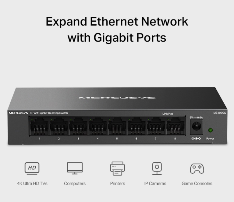 Switch Mercusys MS108GS (10/100/1000 Mbps/ 8 Cổng/ Vỏ Thép)