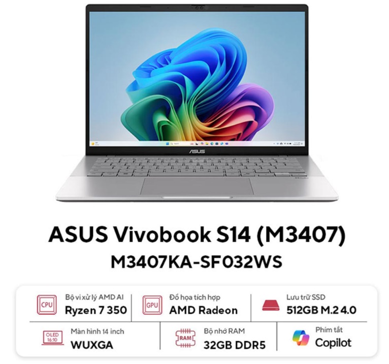 Laptop Asus Vivobook S14 M3407KA-SF032WS (AI 7 350/ 32GB/ 512GB SSD/ 14 inch WUXGA/ 60HZ/ Win 11/ Office/ Silver/ Vỏ nhôm)