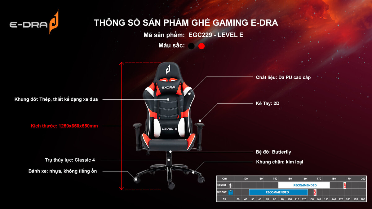 Ghế game E-Dra Level E - EGC229 Đen Đỏ