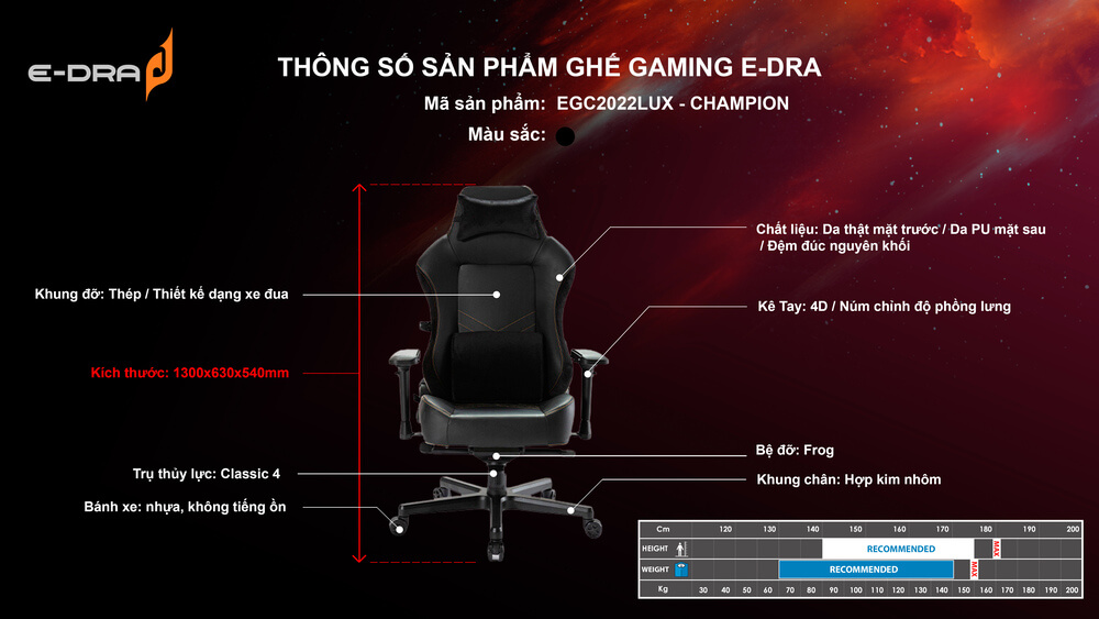 Ghế Game E-Dra LUX Champion EGC2022 Real Leather