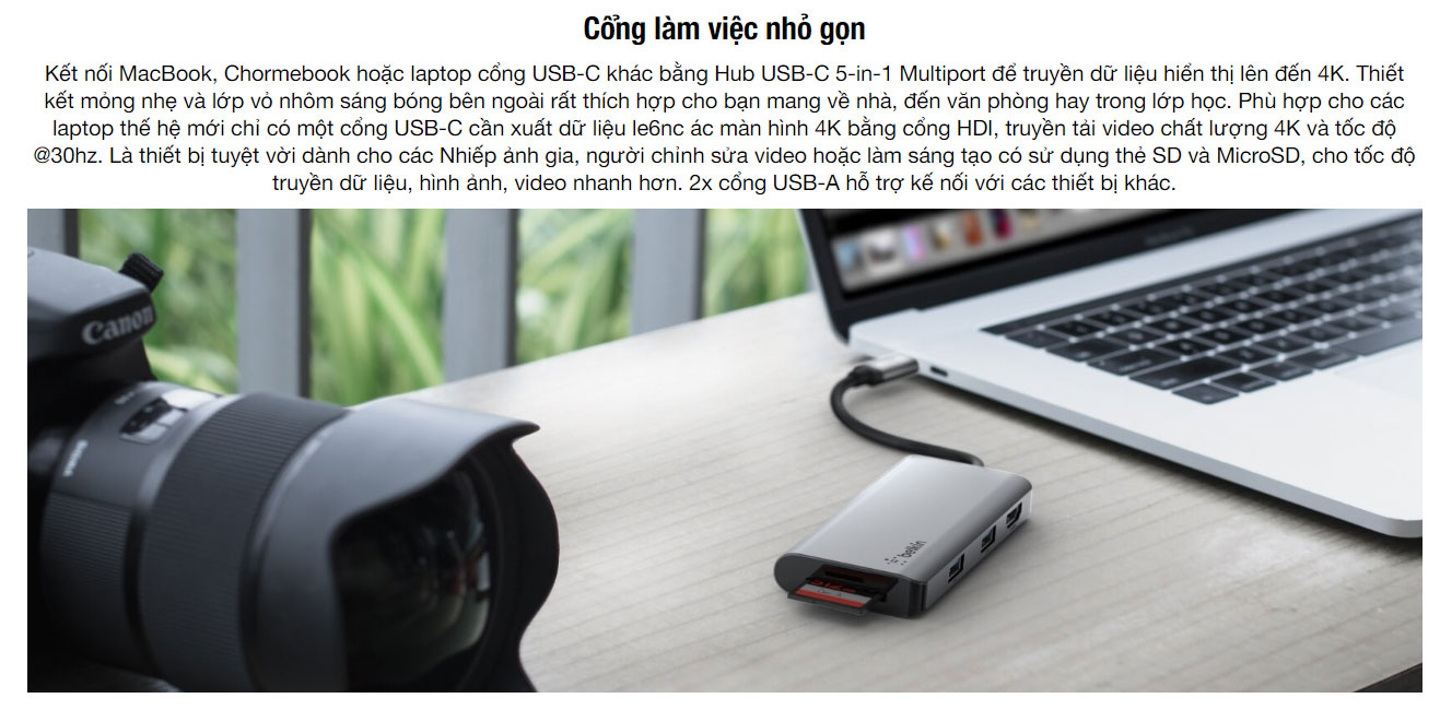Bộ chuyển Belkin USB Type C sang HDMI, SD, MicroSD và 2 cổng USB3.1 