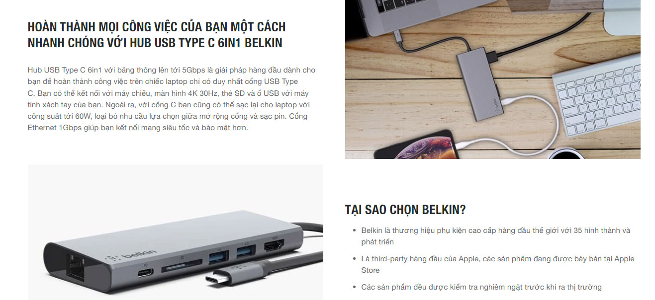 Bộ chuyển Belkin USB Type C sang HDMI, USB-C, USB3.0, Lan Gigabit và thẻ SD