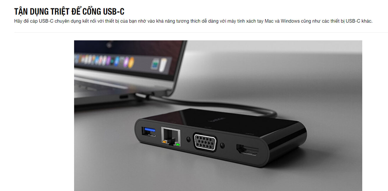 Bộ chuyển Belkin USB Type C sang HDMI, VGA, USB3.0, Lan Gigabit (Màu đen)