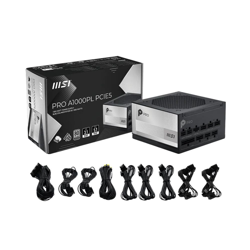 Nguồn m&aacute;y t&iacute;nh MSI PRO A1000PL PCIE5 (1000W/ 80 Plus Platinum/ Full-Modular/ ATX/ Đen)