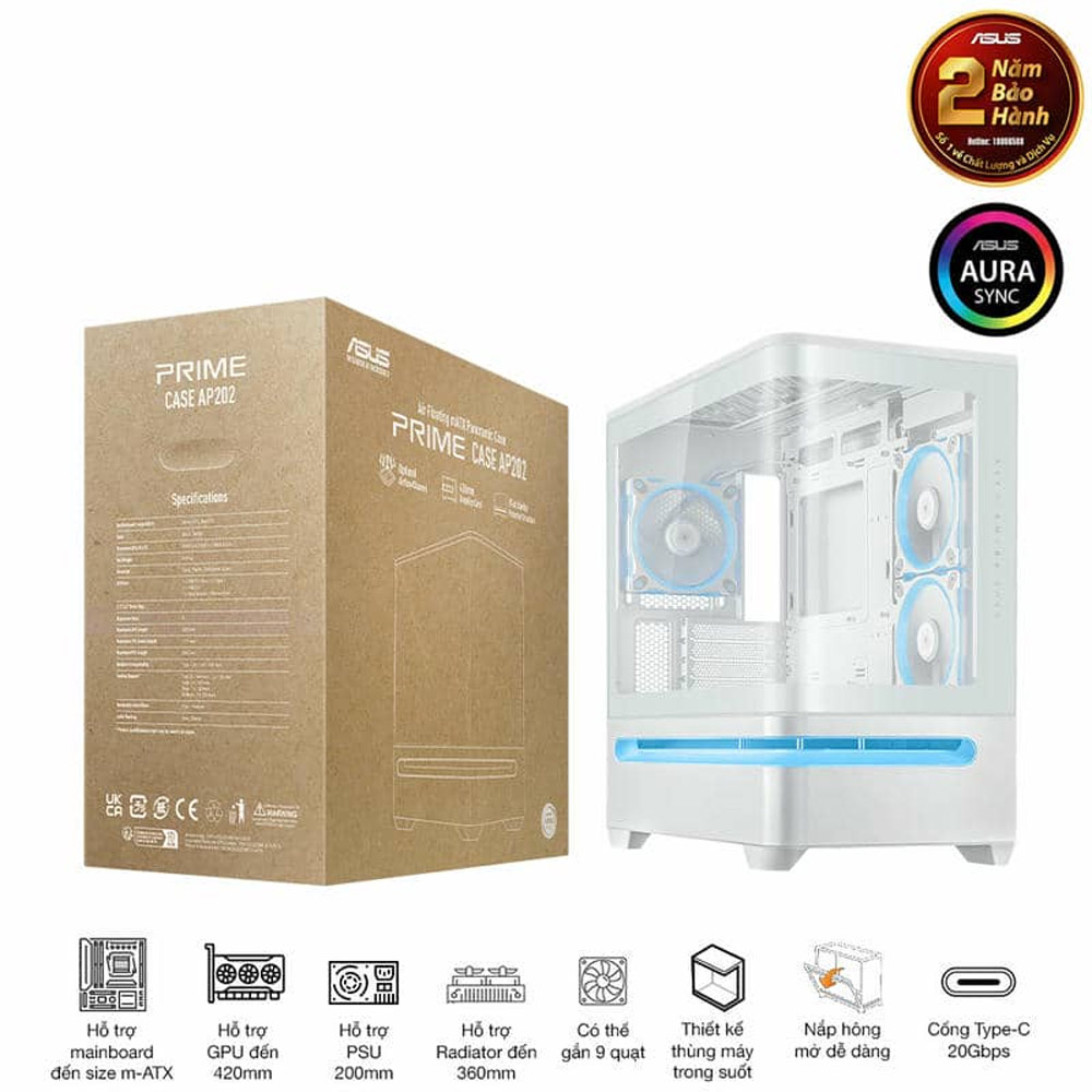 Vỏ máy tính Asus Prime AP202 TG ARGB White (Mid Tower/ ATX/ Trắng) (ID: 60588)