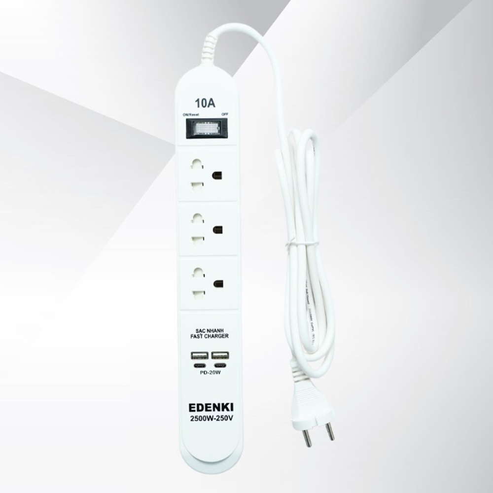 Ổ cắm điện Edenki ED-3CU2W White (3 Lỗ đa năng + 2 Usb Type A + 2Usb Type C- 2M 10A)
