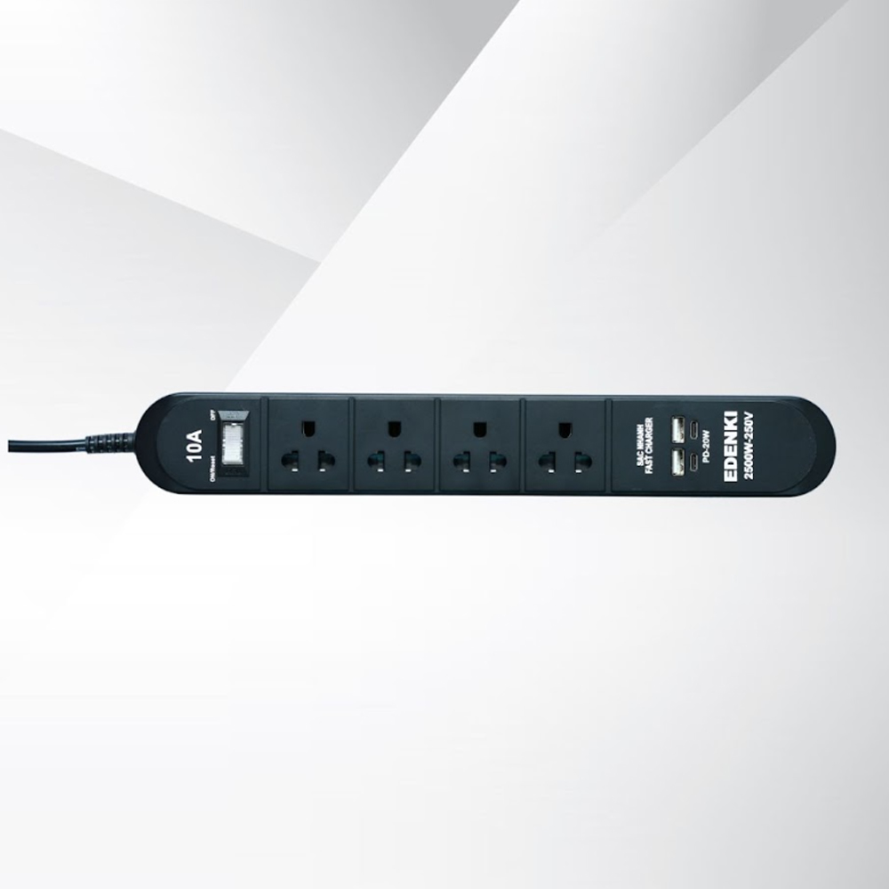 Ổ cắm điện Edenki ED-4CU4B Black (4 Lỗ đa năng + 2 Usb Type A + 2Usb Type C- 4M 10A)