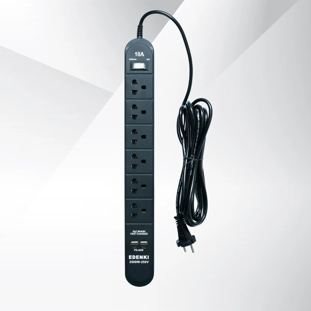 Ổ cắm điện Edenki ED-6CU4B Black (6 Lỗ đa năng + 2 Usb Type A + 2Usb Type C- 4M 10A)
