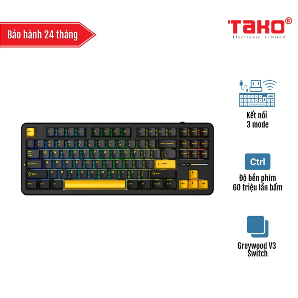 Bàn phím cơ Aula 3 MODE F87 Đen+Xanh đậm+Cam Greywood V3 Switch