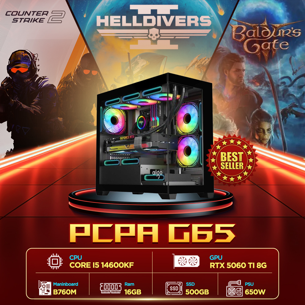 Máy tính PCPA G65 (i5 14600KF/16GB/RTX 5060TI 8Gb/650W) Máy tính PCPA G65 (i5 14600KF/16GB/RTX 5060TI 8Gb/650W) là bộ PC gaming – làm việc hiệu năng cao được tối ưu theo tiêu chí mạnh mẽ, ổn định và chi phí hợp lý. Cấu hình hướng tới game thủ phổ thông nâng cao, người dùng cần sức mạnh xử lý tốt cho chơi game, đồ họa bán chuyên và các tác vụ đa nhiệm nặng trong thời gian dài. Hiệu năng xử lý vượt trội với Intel Core i5-14600KF Sở hữu Core i5 14600KF 3.5GHz Up to 5.3GHz, hệ thống mang lại khả năng xử lý ấn tượng cho cả gaming lẫn công việc. Xung nhịp cao giúp tối ưu hiệu suất đơn nhân trong game, trong khi khả năng boost mạnh hỗ trợ tốt các phần mềm chỉnh sửa ảnh, dựng video và livestream, đáp ứng mượt mà nhu cầu sử dụng cường độ cao. Mainboard Asus TUF Gaming B760M-E D4 bền bỉ, ổn định Asus TUF Gaming B760M-E D4 là nền tảng đáng tin cậy với thiết kế linh kiện chuẩn TUF, tối ưu cho độ bền và khả năng vận hành ổn định lâu dài. Bo mạch hỗ trợ tốt CPU Intel thế hệ 14, đảm bảo khả năng tương thích linh hoạt, đồng thời phù hợp với các cấu hình gaming cần sự chắc chắn và ổn định khi hoạt động liên tục. RAM DDR4 RGB 16GB cân bằng hiệu năng và chi phí Hệ thống được trang bị Silicon Power RGB 16GB (2x8GB) DDR4 3200MHz, mang lại hiệu năng đủ mạnh cho đa số tựa game hiện nay và các tác vụ đa nhiệm phổ biến. Chuẩn DDR4 bus 3200MHz giúp tối ưu chi phí nhưng vẫn đảm bảo độ ổn định, trong khi thiết kế RGB tạo điểm nhấn thẩm mỹ cho bộ máy. Lưu trữ NVMe Gen3 nhanh và ổn định Ổ cứng SSD Lexar LNM610 Pro 500GB NVMe PCIe Gen3x4 cung cấp tốc độ đọc lên đến 3300MB/s và ghi 1700MB/s, giúp hệ điều hành khởi động nhanh, game load mượt và các phần mềm phản hồi tốt. Dung lượng 500GB phù hợp cho nhu cầu cài đặt hệ điều hành, phần mềm và một số tựa game phổ biến. Sức mạnh đồ họa từ RTX 5060 Ti 8GB GDDR7 Card đồ họa Asus Prime GeForce RTX 5060 Ti 8GB GDDR7 OC Edition mang lại khả năng xử lý đồ họa mạnh mẽ cho chơi game độ phân giải cao và các tác vụ đồ họa hiện đại. Bộ nhớ 8GB GDDR7 kết hợp xung nhịp được ép xung sẵn giúp hình ảnh mượt mà, ổn định, phù hợp cho game thủ cần hiệu năng tốt trong phân khúc tầm trung – cận cao cấp. Tản nhiệt và nguồn đảm bảo vận hành ổn định CPU được làm mát bởi tản nhiệt JONSBO CB40 BLACK LED ARGB, giúp kiểm soát nhiệt độ hiệu quả trong quá trình tải nặng, đồng thời tăng tính thẩm mỹ cho hệ thống. Đi kèm là nguồn Aigo GB650 650W chuẩn 80 Plus Bronze, cung cấp điện năng ổn định cho toàn bộ cấu hình, đảm bảo hệ thống hoạt động an toàn và bền bỉ. Thiết kế case gọn gàng, tối ưu airflow Toàn bộ linh kiện được lắp trong vỏ case Aigo C218M MATX với 3 fan ARGB, mang lại luồng gió tốt và không gian lắp đặt gọn gàng. Thiết kế phù hợp cho các bộ PC gaming phổ thông, vừa đảm bảo khả năng làm mát, vừa tạo điểm nhấn ánh sáng hiện đại cho góc máy. Mua Máy tính PCPA G65 chính hãng tại Phúc Anh Lựa chọn Máy tính PCPA G65 (i5 14600KF/16GB/RTX 5060TI 8Gb/650W) tại Phúc Anh, bạn sẽ được đảm bảo linh kiện chính hãng, lắp ráp chuẩn kỹ thuật và chế độ bảo hành rõ ràng cho từng thành phần. Phúc Anh mang đến dịch vụ tư vấn chuyên nghiệp, hỗ trợ kỹ thuật tận tâm cùng nhiều ưu đãi hấp dẫn, giúp bạn dễ dàng sở hữu một bộ PC hiệu năng cao, ổn định và sẵn sàng đáp ứng mọi nhu cầu chơi game và làm việc. Đặt hàng ngay tại Phúc Anh để nhận mức giá tốt và ưu đãi hiện hành.