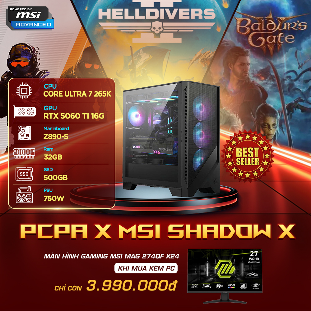 M&aacute;y t&iacute;nh PCPA x MSI Shadow X (Core Ultra 7 265K/32GB/RTX 5060TI 16Gb)