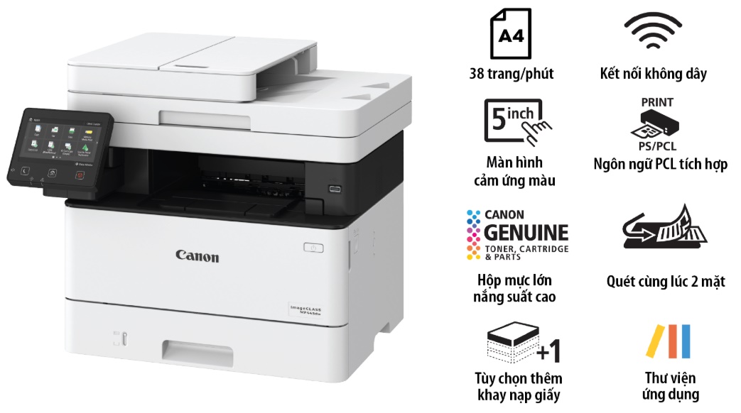 Máy in laser đen trắng Canon MF445DW (A4/A5/ In/ Copy/ Scan/ Đảo mặt/ ADF/ USB/ LAN/ WIFI)