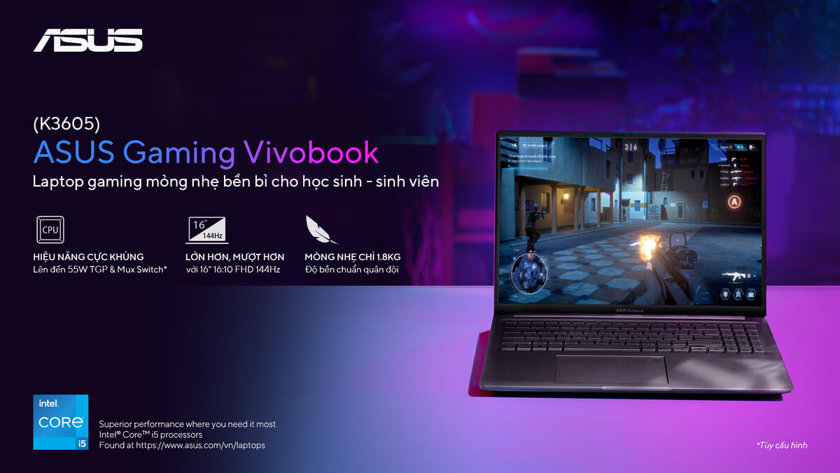ASUS Gaming Vivobook (K3605) – Laptop gaming 16-inch mỏng nhẹ và bền bỉ cho học sinh, sinh viên
