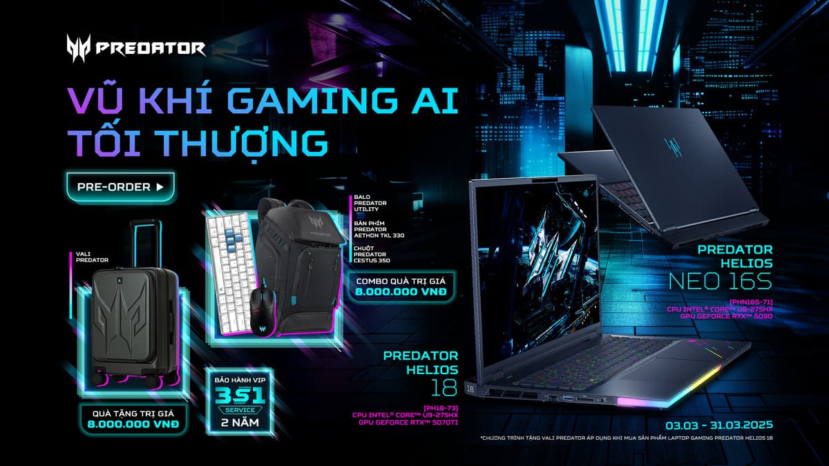 Acer ra mắt chương trình Pre-order dành cho dòng laptop gaming 2025 Predator Helios 18 AI và Predator Helios Neo 16S AI RTX 50 series