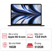 Máy tính xách tay Apple Macbook Air Z1600005A (M2 8-core CPU/ 16Gb/ 512GB/ 10 core GPU/ Midnight)