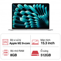 Laptop Apple Macbook Air 15 MQKT3SA/A (M2 8-core CPU/ 8GB/ 512GB/ 10 core GPU/ 15.3inch/ Silver)