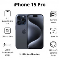 Điện thoại Apple iPhone 15 Pro (8Gb/ 512GB/ Blue Titanium)