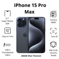 Điện thoại Apple iPhone 15 Pro Max (8Gb/ 256GB/ Blue Titanium)
