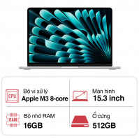 Laptop Apple Macbook Air 15 MXD23SA/A Apple M3 8 Core CPU/ 16GB/ 512GB/ 10 core GPU/ 15.3inch/ Silver