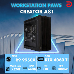 Máy trạm Workstation PAWS CREATOR R9/X870/64G/1TB/RTX4060TI (Ryzen 9 9950X/ 64GB/ 1TB SSD/ RTX 4060 Ti 8Gb/ NoOS)