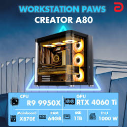 Máy trạm Workstation PAWS CREATOR R9/X870/64G/1TB/RTX4060TI (Ryzen 9 9950X/ 64GB/ 1TB SSD/ RTX 4060 Ti 8Gb/ NoOS)