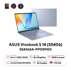 Laptop Asus Vivobook S14 OLED S5406SA-PP059WS (Ultra 7 258V/ 32GB/ 1TB SSD/ 14 inch 3K/ 120Hz/ Win 11/ Office/ Blue/ Vỏ nhôm)