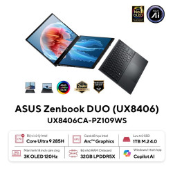 Laptop Asus Zenbook Duo UX8406CA-PZ109WS (Ultra 9 285H/ 32GB/ 1TB SSD/ 14 inch 3K Touch/ 120Hz/ Win 11/ Office/ Gray/ Vỏ nhôm/ Bút/ Túi)