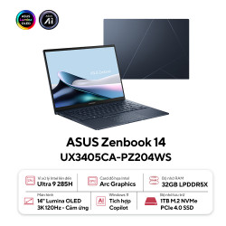 Laptop Asus Zenbook 14 UX3405CA-PZ204WS (Ultra 9 285H/ 32GB/ 1TB SSD/ 14 inch 3K Touch/ 120Hz/ Win 11/ Office/ Blue/ Vỏ nhôm/ Bút/ Túi)