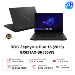 Laptop Asus Gaming ROG Zephyrus DUO 16 GX651AX-SR050WS (Ultra 9 386H/ 64GB/ 2TB SSD/ RTX 5090 24GB/ 16 inch 3K Touch/ 120Hz/ Win 11/ Office/ Grey/ Vỏ nhôm/ Túi/ Sạc nhanh)