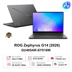 Laptop Asus Gaming ROG Zephyrus G14 GU405AR-SY016W (Ultra 9 386H/ 32GB/ 1TB SSD/ RTX 5070Ti 12GB/ 14 inch 3K/ 120Hz/ Win11/ Gray/ Vỏ nhôm/ Sạc nhanh/ Túi)