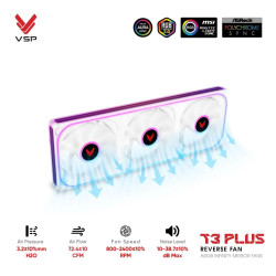 Quạt case VSP T3 PLUS Reverse Trắng (Fan 3 Liền Khối Cánh Ngược) 